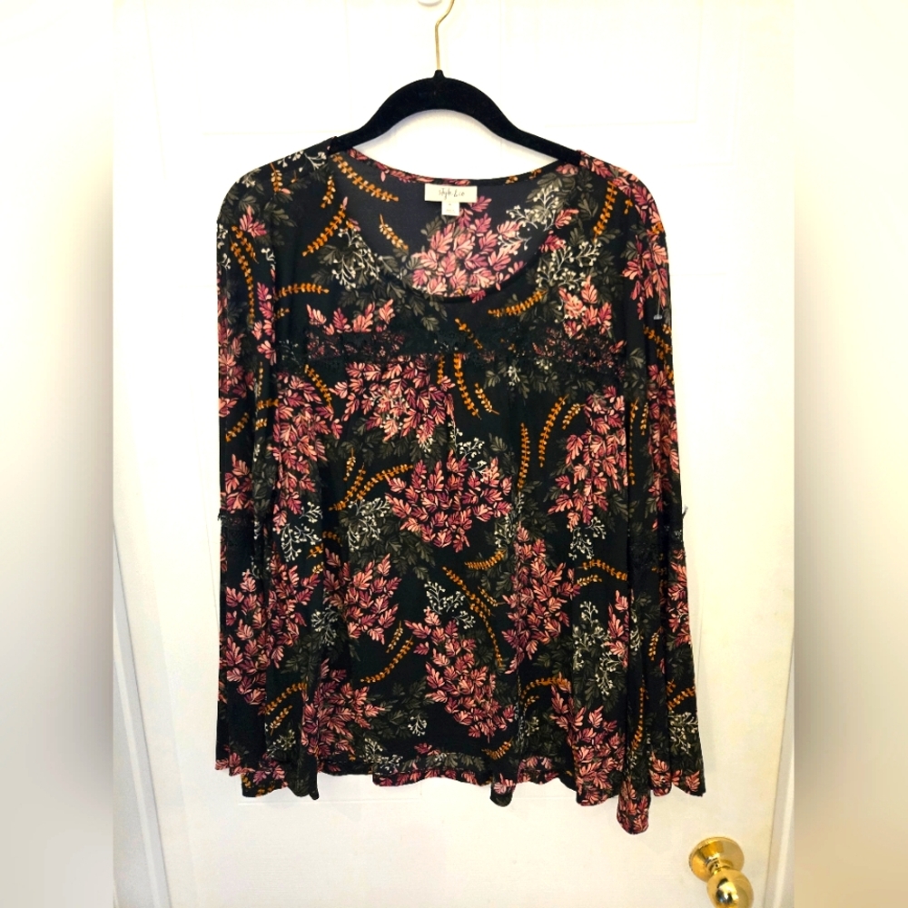 Style & Co XL Lace Detail Bell Sleeve Floral Print Women's Top